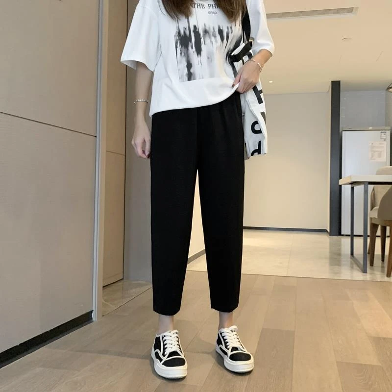 啄木鸟夏季新款薄款冰丝萝卜裤女高腰显瘦垂感休闲小个子哈伦裤