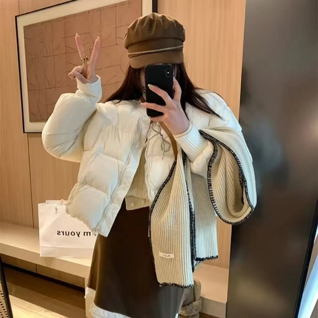 冬季新款女装设计感小众棒球领面包服2025针织袖短款加厚棉服