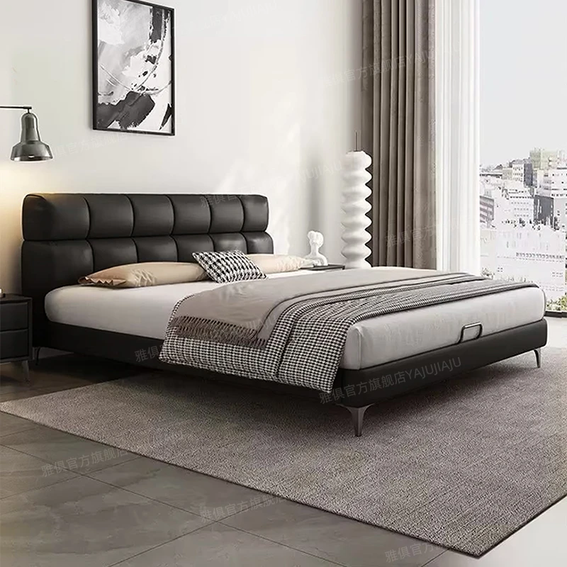 【YAJU/雅俱黑色泡芙高脚】意式极简主卧双人大床简约现代头层牛皮