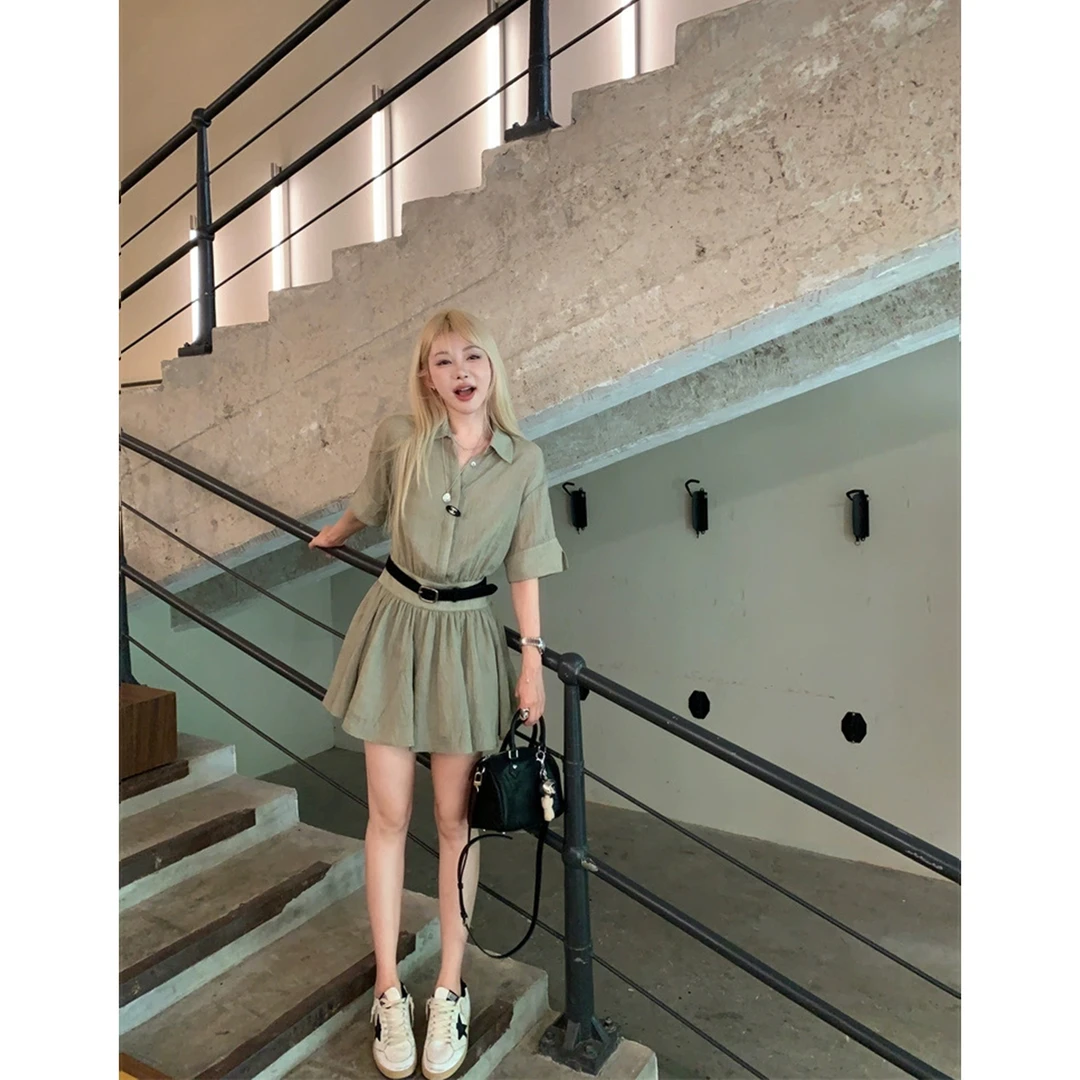 【奶盐抹茶】 夏日短袖衬衫连衣裙+腰带Z 8977#