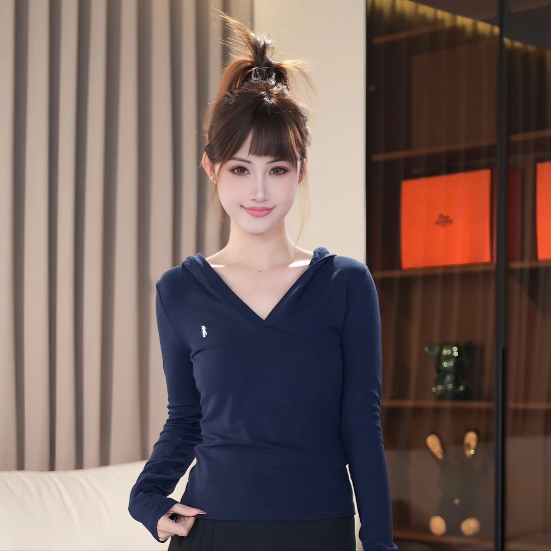 时尚V领刺绣标修身百搭气质显瘦长袖纯色设计感连帽打底衫8805