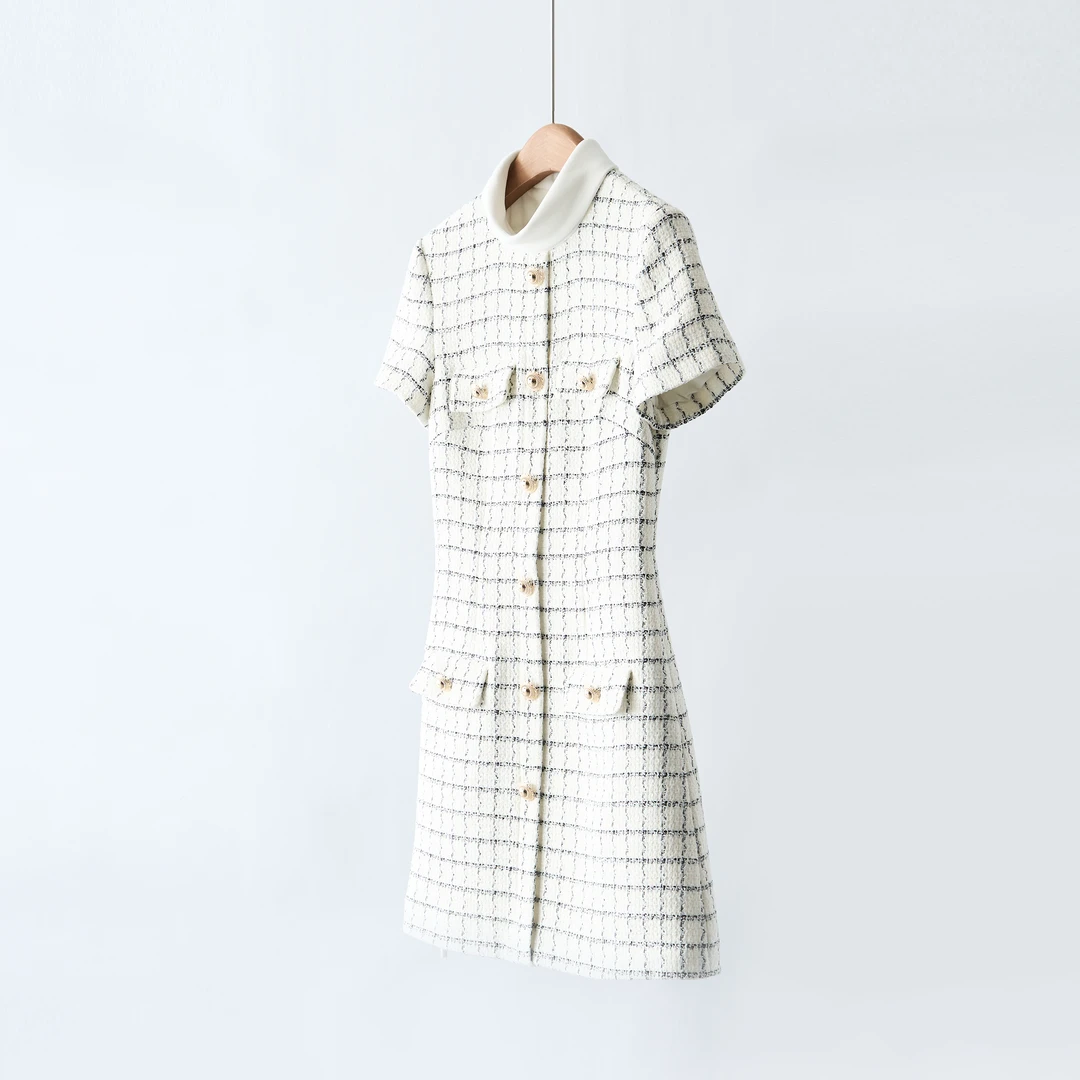 【YS11673】G上4.7k+25秋冬新白格子赫本领小香风粗花呢短袖连衣裙