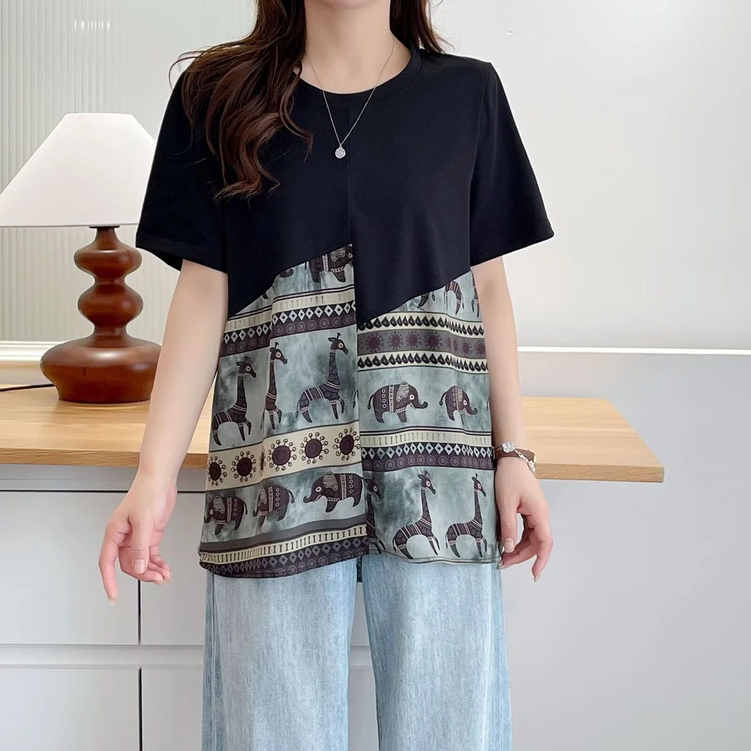 夏季新款大码女装复古圆领拼接短袖休闲宽松百搭T恤5089