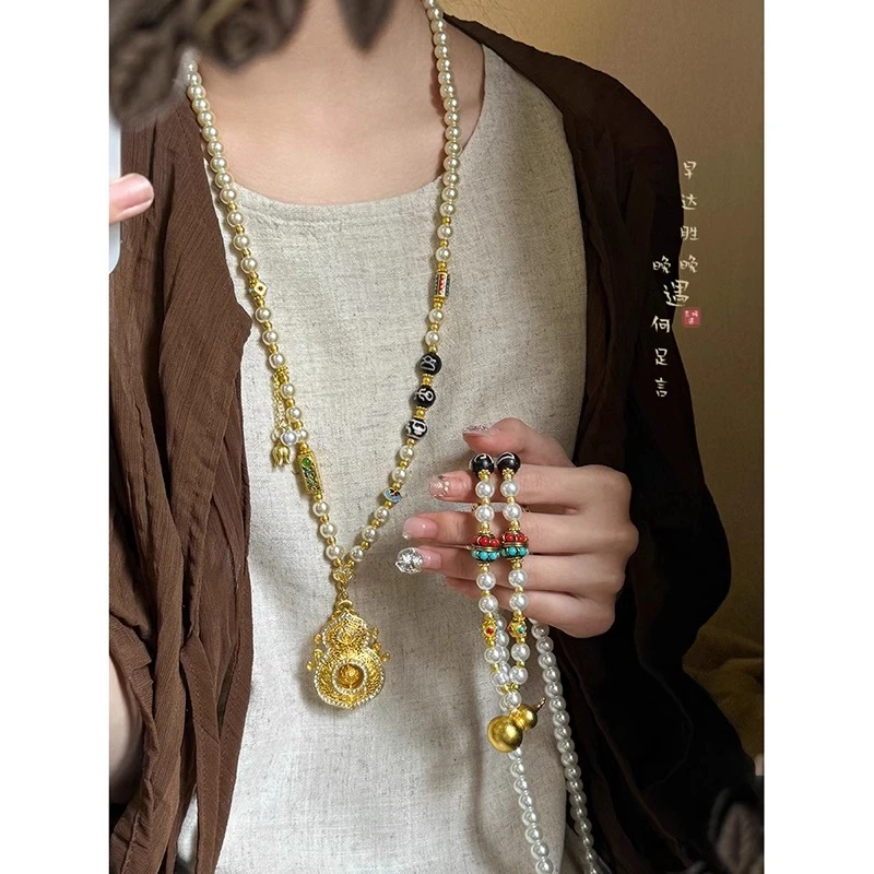 铜合金项链 宝葫芦串珠可转动吊坠项链女新中式国风长款毛衣链男