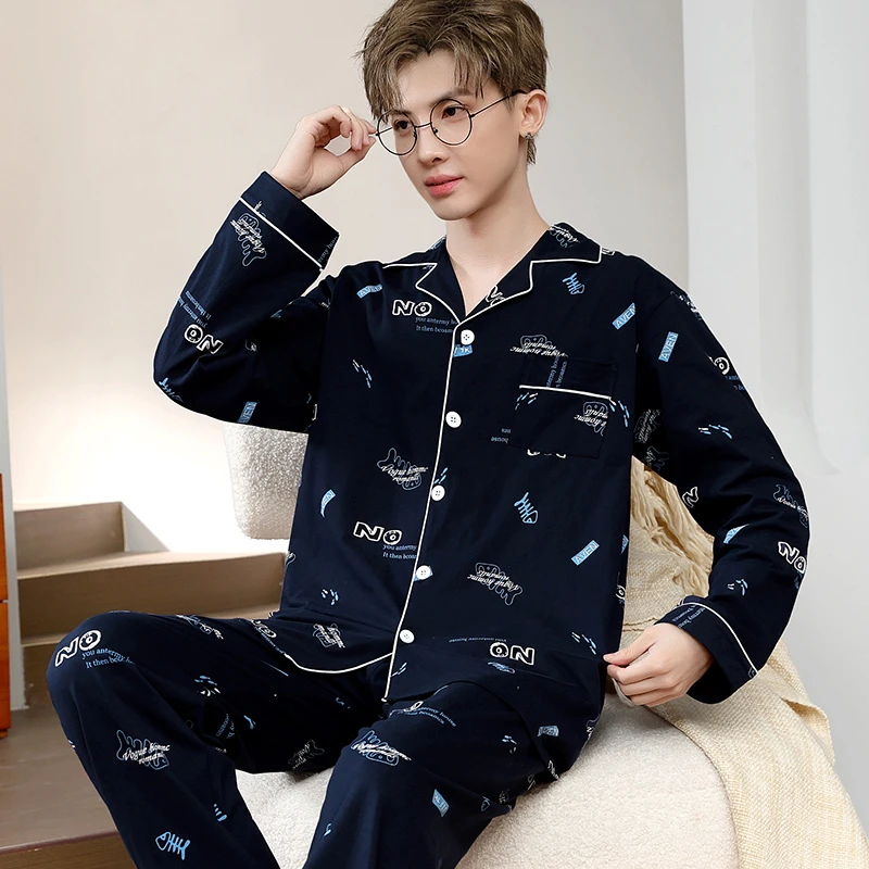 纯棉睡衣男士长袖春秋季天然植物棉花家居服夏季短袖可外出套装