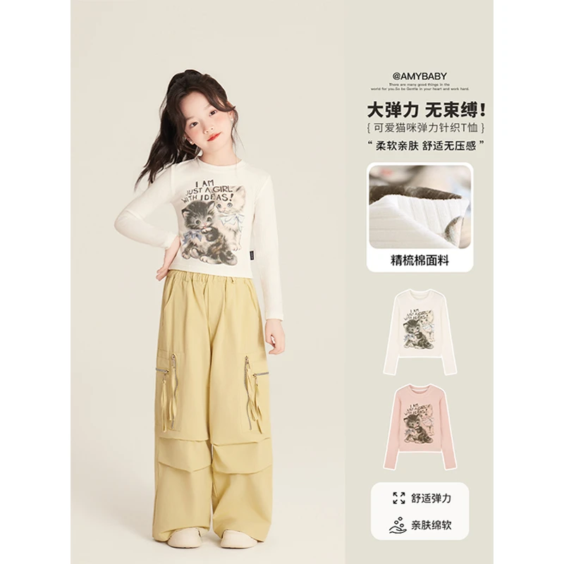 Amybaby女童上衣春季2025新款可爱美式复古小猫印花弹力针织T恤
