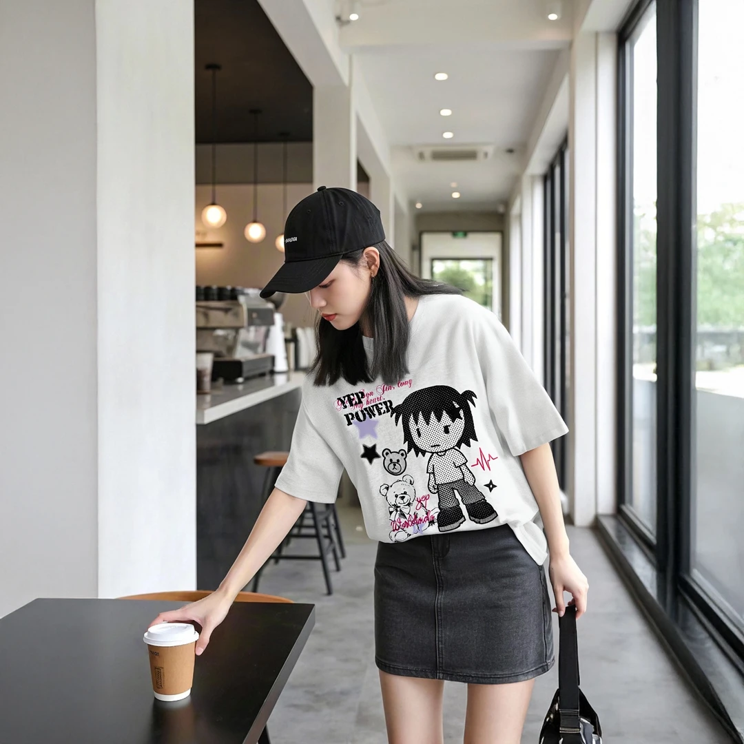 YEP卡通印花正肩短袖t恤男女夏季新款美式复古半袖宽松情侣装上衣