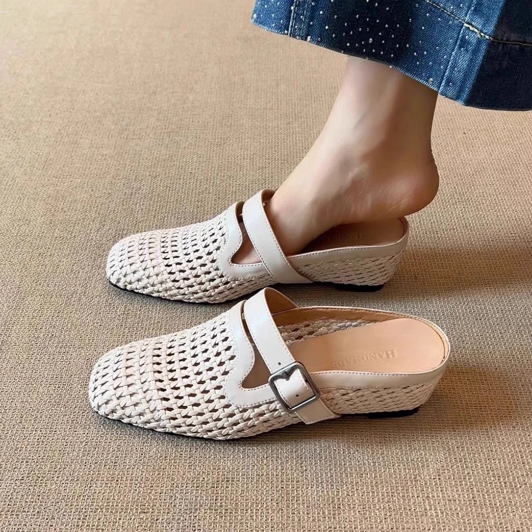 nnmiss34-39/5.5cm度假风编织坡跟穆勒鞋皮带扣透气包头外穿拖鞋