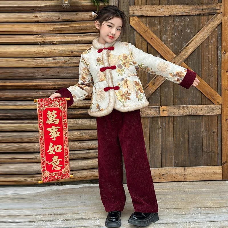 中国风拜年服套装女中大童冬款加绒厚时尚女孩新年喜庆唐装两件套