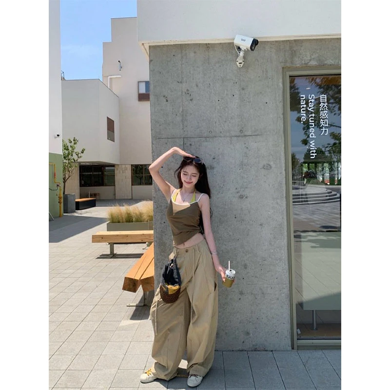 通勤风小众设计款显瘦修身吊带背心上衣2025夏季休闲宽松百搭长裤