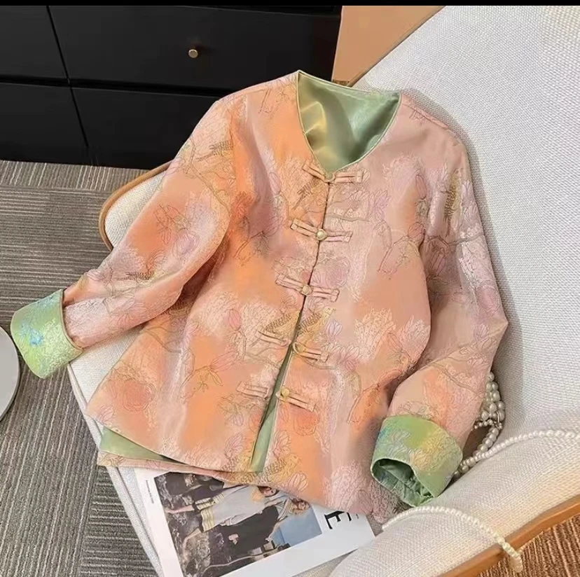 新中式拼接提花盘扣外套女2025新款长袖春秋款时尚短款国风上衣