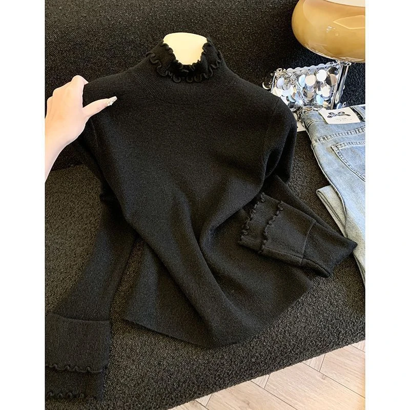 木耳边半高领针织衫女秋冬新款修身长袖内搭打底衫百搭显瘦上衣女