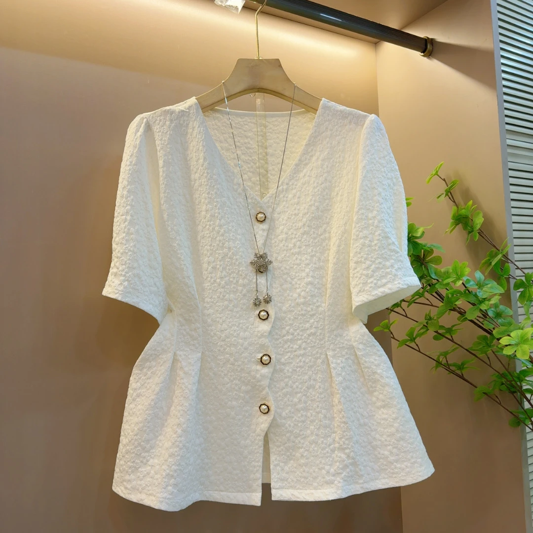胖MM减龄V领显瘦法式百搭遮肉短袖上衣（长60左右）