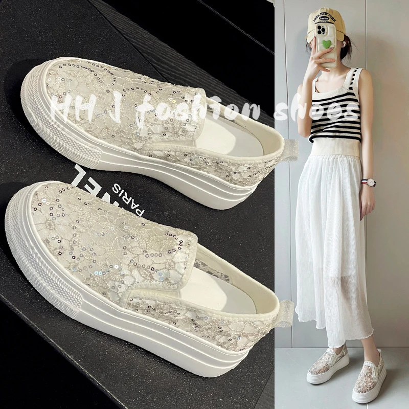 2025春夏秋季蕾丝珠花网面透气轻便时尚休闲浅口一脚蹬女休闲单鞋