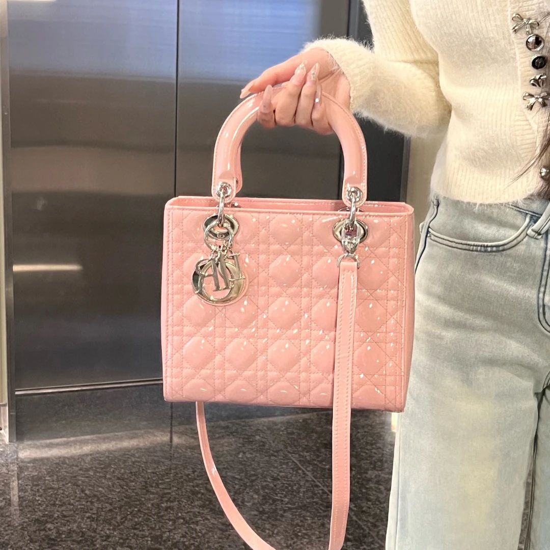 95新 DIOR/迪奥 dior蜜桃粉银扣五格戴妃手提斜挎包