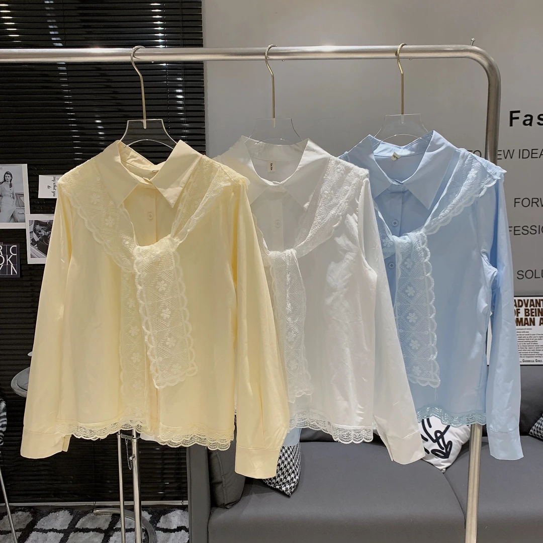 十三行2025春季新款韩版蕾丝披肩长袖衬衫女设计感百搭衬衣上衣