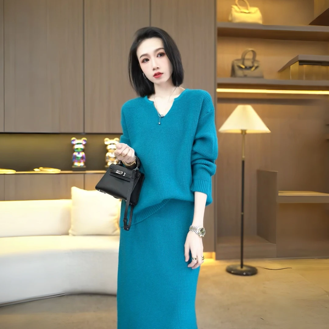 慵懒风名媛连衣裙套装针织衫女软糯时尚V领上衣半身裙毛衣两件套