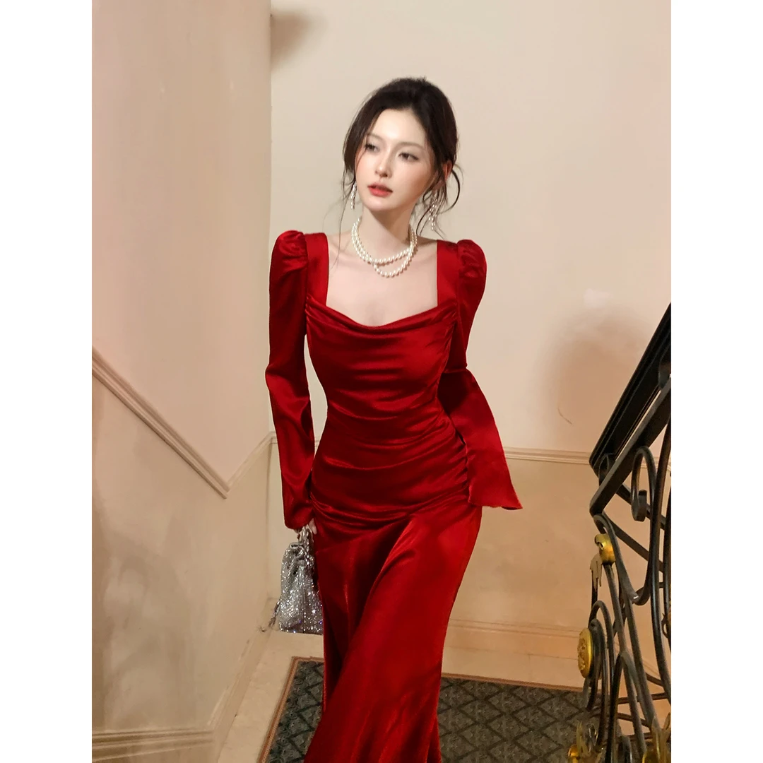 Good Job【01.04 20:00欢喜与诗】法式缎面红色长袖气质连衣裙
