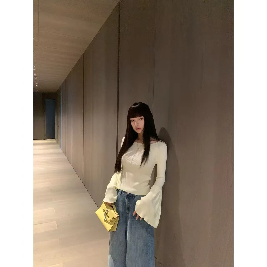 【盒子专享】杏仁奶衫  薄款圆领拼接花苞袖纯色针织上衣