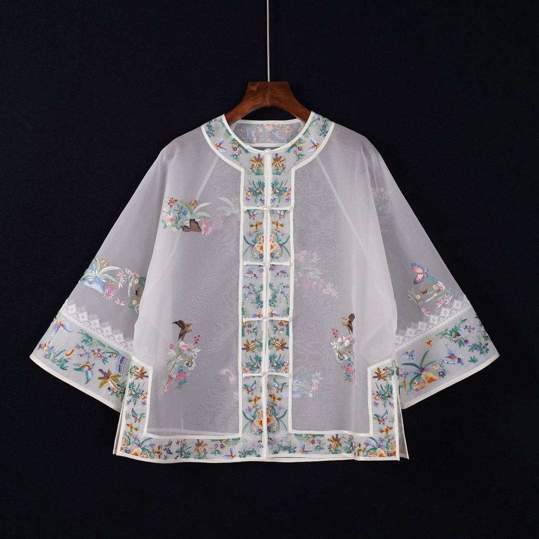 桑蚕丝女士上衣中国风传统国风中式对襟重工刺绣纱衣