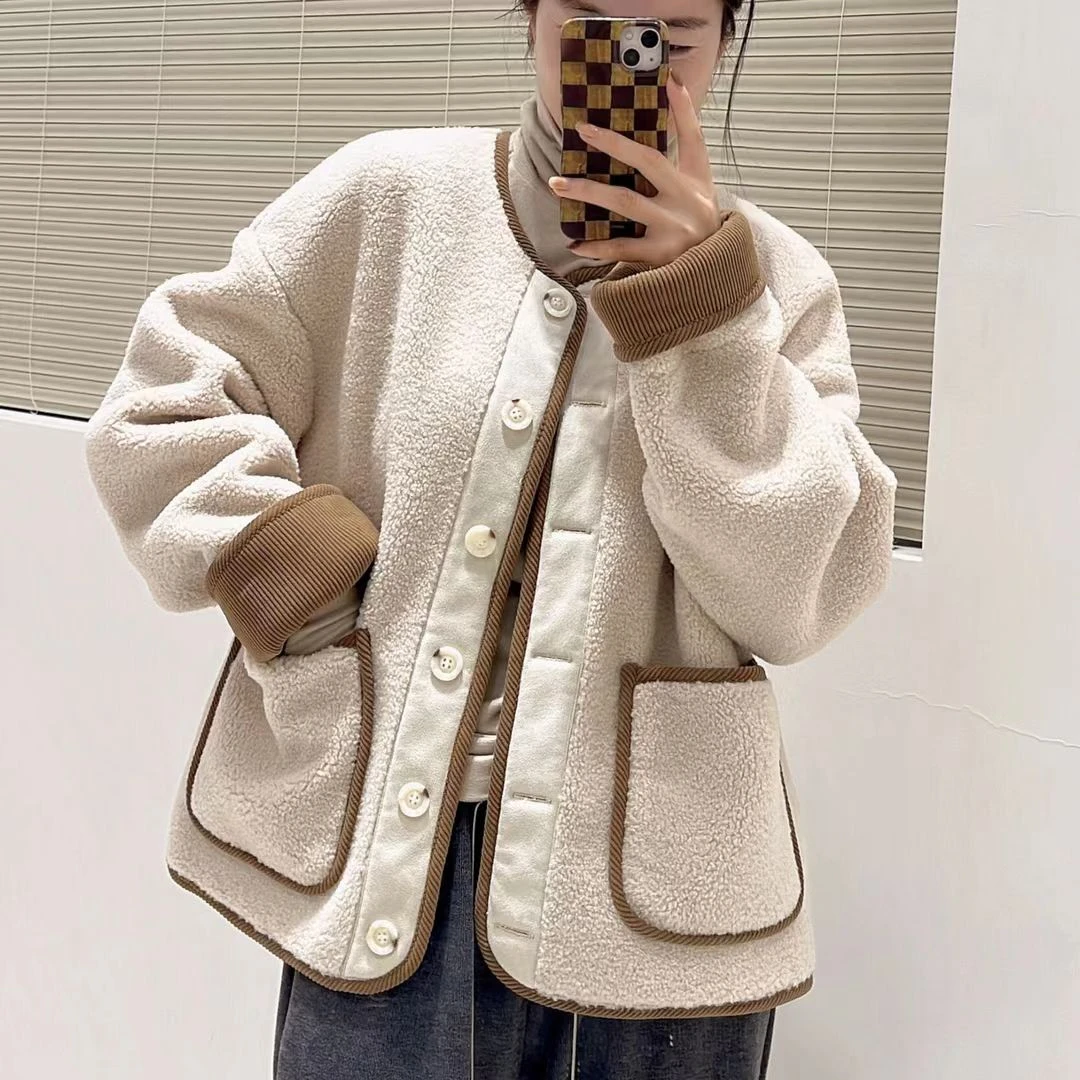 2025冬气质时尚款拼接毛毛外套女韩版休闲宽松保暖外穿颗粒毛上衣