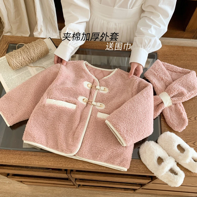 女童夹棉加厚毛毛外套新款宝宝冬季洋气粉色棉衣儿童童装冬季衣服