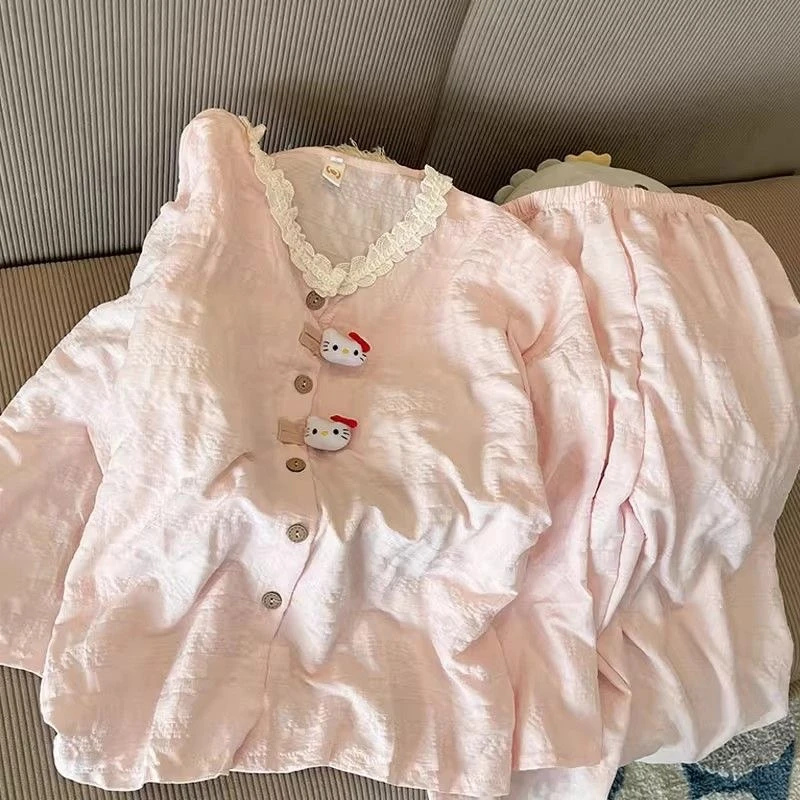 （KT猫）带胸垫粉色杏色睡衣女甜美可爱长袖长裤家居服套装可外穿