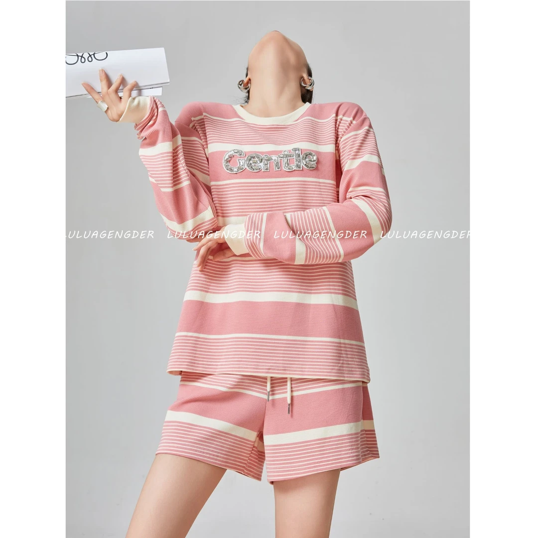 【晨夕专属】高级感短裤套装女2025夏穿搭一整套条纹上衣短裤两件套