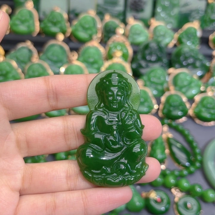 颈饰未镶嵌和田玉（碧玉）特价辣绿观音57m编绳