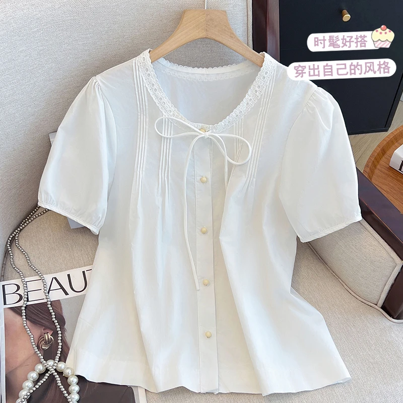 法式蕾丝拼接圆领正肩短袖衬衫女2025夏季新款泡泡袖娃娃衫上衣服
