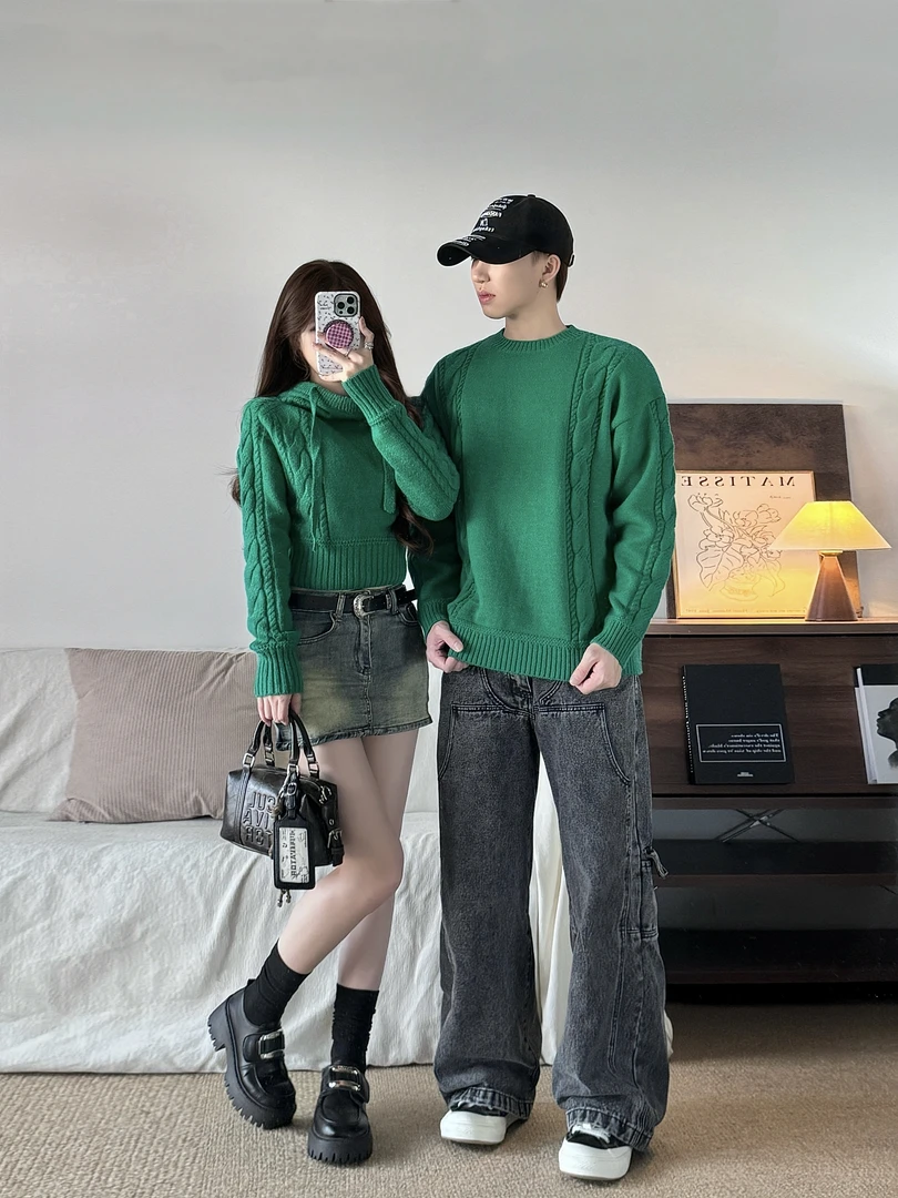 情侣装女慵懒风针织连帽毛针织衫休闲秋冬长袖毛衣潮