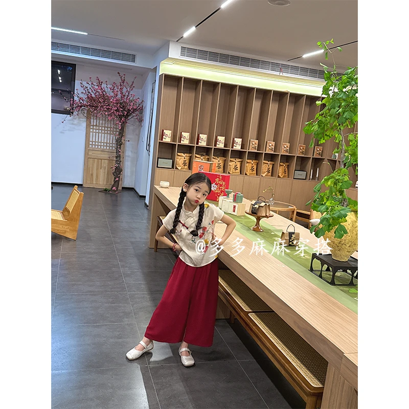 【柿柿如意】夏季套头中国风女童套装唐装薄款运动风休闲套装23995#