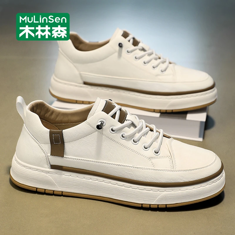 木林森休闲鞋男款2025新款一脚蹬平板鞋男鞋春秋皮面百搭小白潮鞋