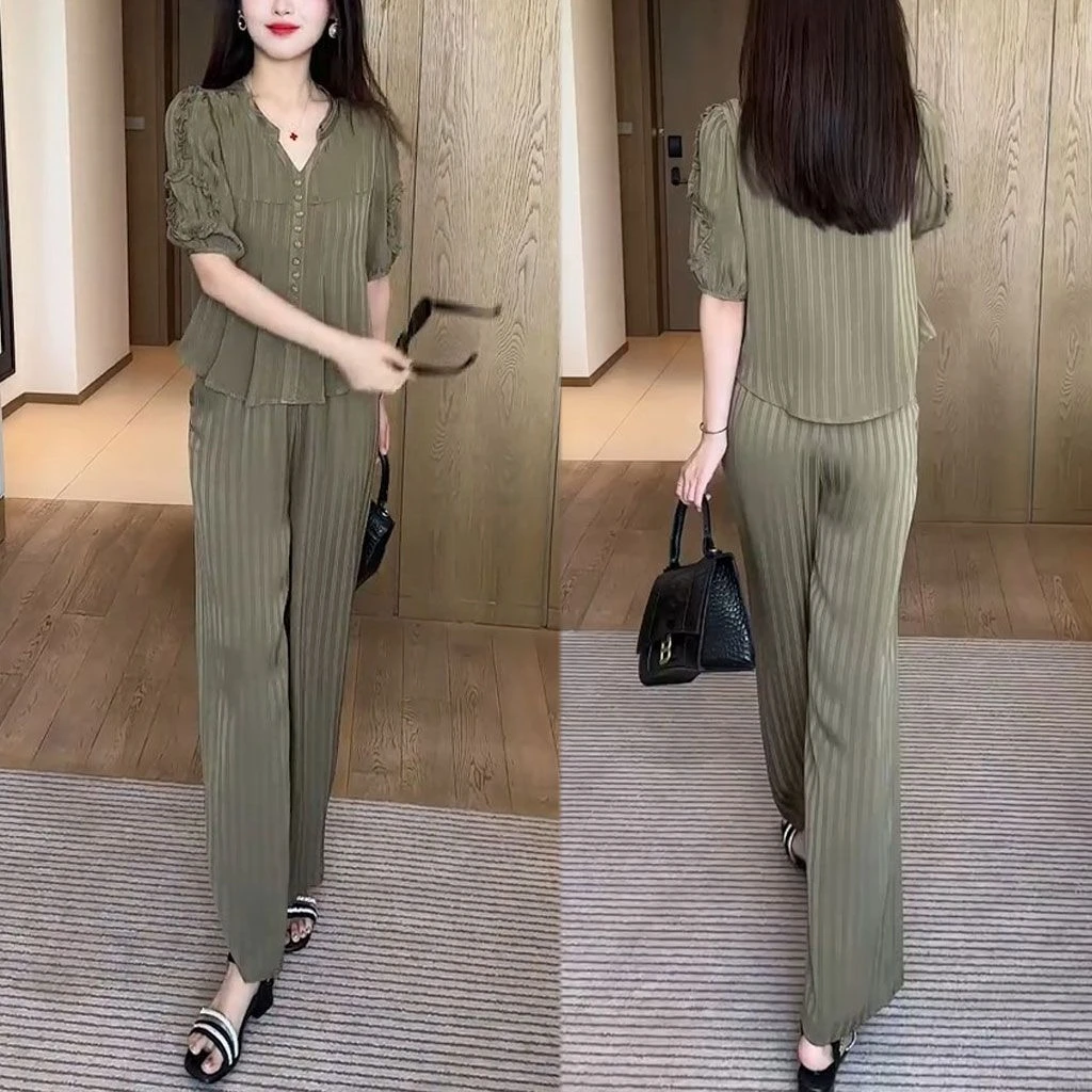 2026年夏季新款时尚小个子气质遮肚显瘦短袖上衣阔腿裤两件套装女