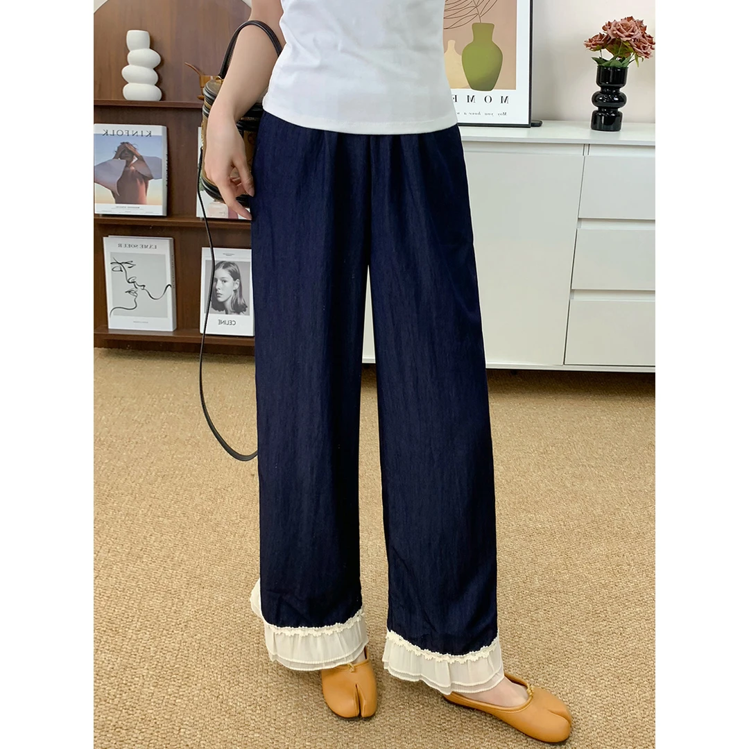 蕾丝花边拼接阔腿休闲裤女2025夏季新款梨形身材高腰显瘦直筒长裤