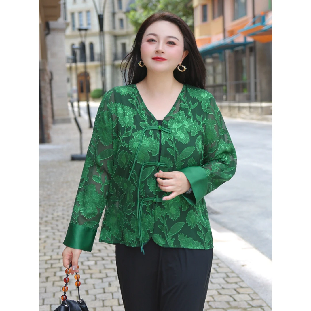 【国风系列*兰菊庭芳】MsShe大码女盘扣轻薄雪纺外套J~B2506060