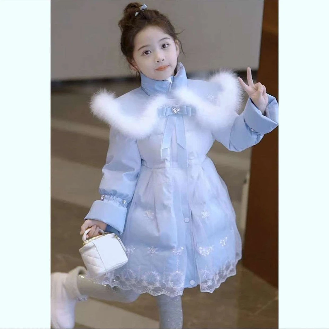 小黄鸭女童羽绒服冬款中大童蓝色保暖外套儿童小黄鸭两面穿白鸭绒