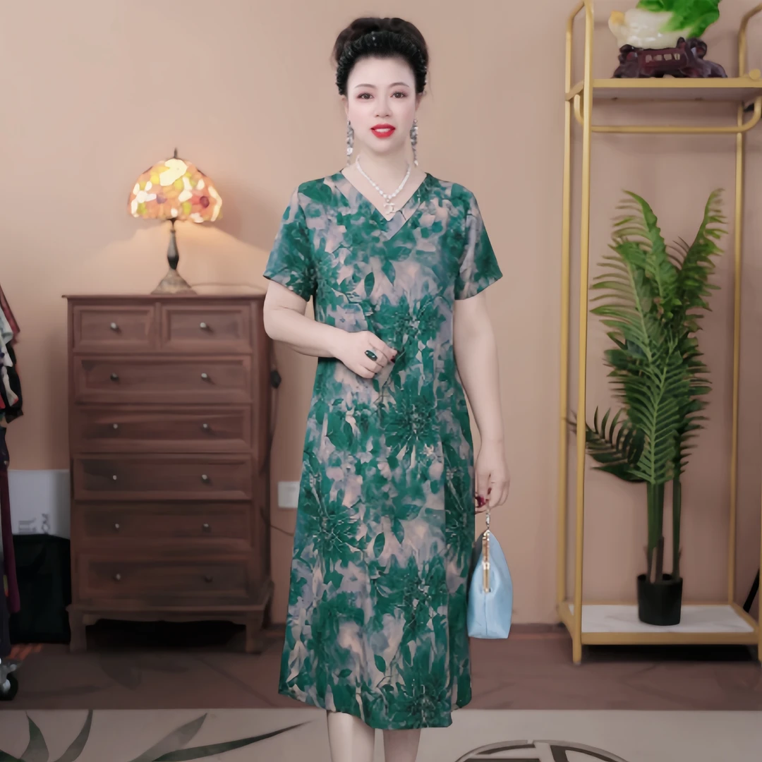 52258  高贵中长款夏季V领连衣裙夏装印花裙子复古