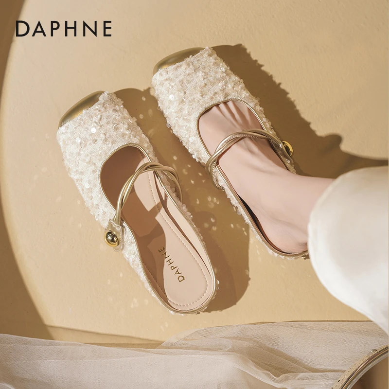 达芙妮包头半拖鞋女2025新款夏季女鞋穆勒鞋法式亮片玛丽珍单鞋女