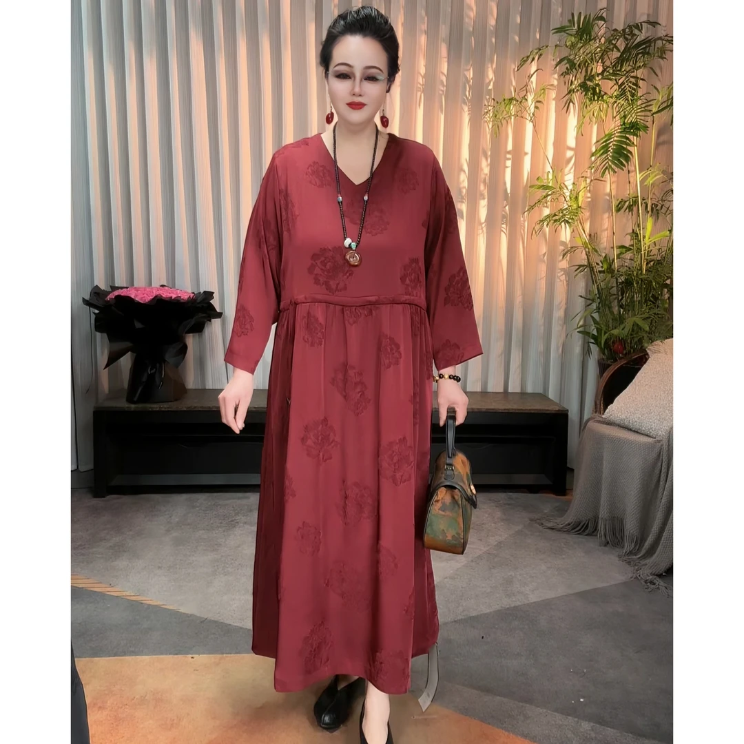 早春新款收腰连衣裙时尚气质中长裙复古文艺风大码显瘦连衣裙