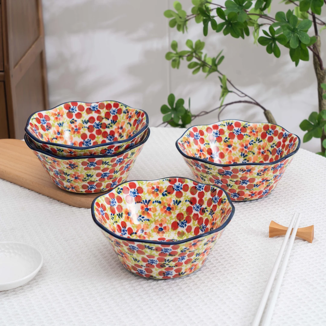 新疆包邮【碧丝粉黛】手绘釉下彩6.5英寸斗笠碗防烫家用斗笠面碗