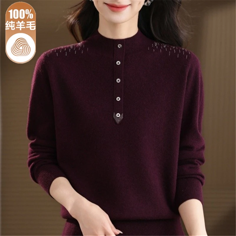 洋气妈妈秋冬新款100%纯羊毛衫女半高领毛衣洋气内搭宽松打底衫