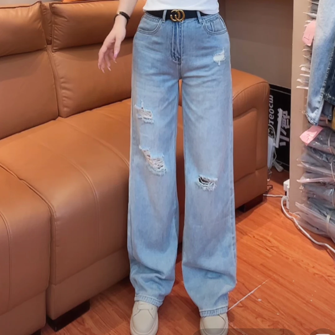 小敏家，夏季新款时尚破洞牛仔裤直筒裤