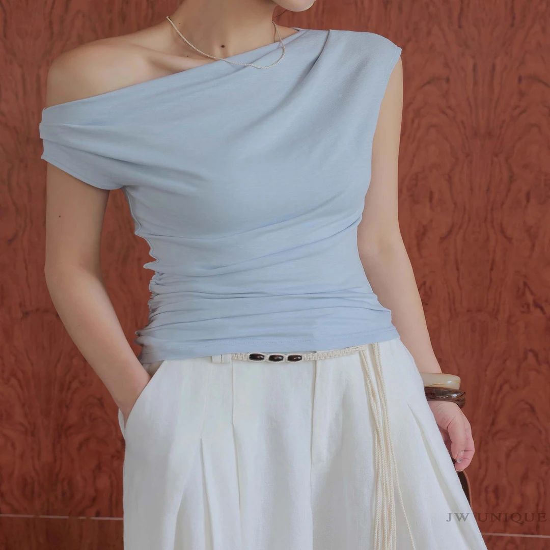 MISU/糜素蓝色一字肩斜领短袖纯色T恤女2025夏季新款修身显瘦上衣