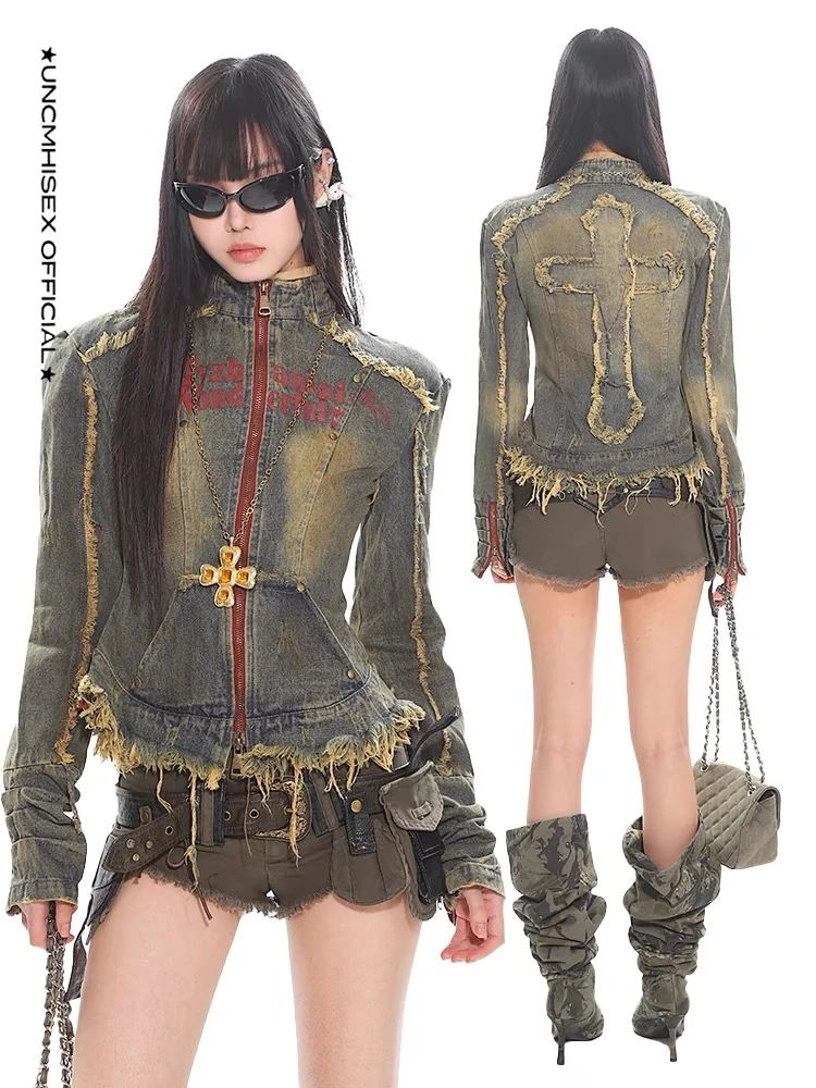 6NE 美式复古摇滚朋克街头做旧水洗牛仔外套女夹克收腰显瘦上衣