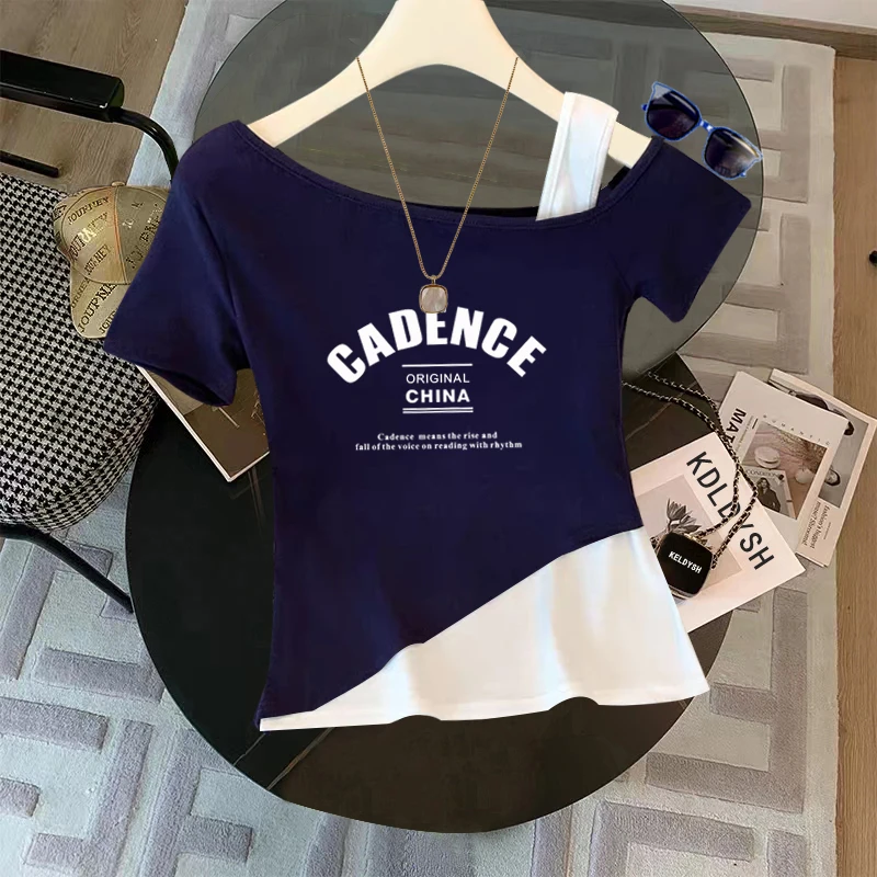 斜露肩假两件撞色短袖t恤女2025夏新款修身设计感小众印花上衣潮