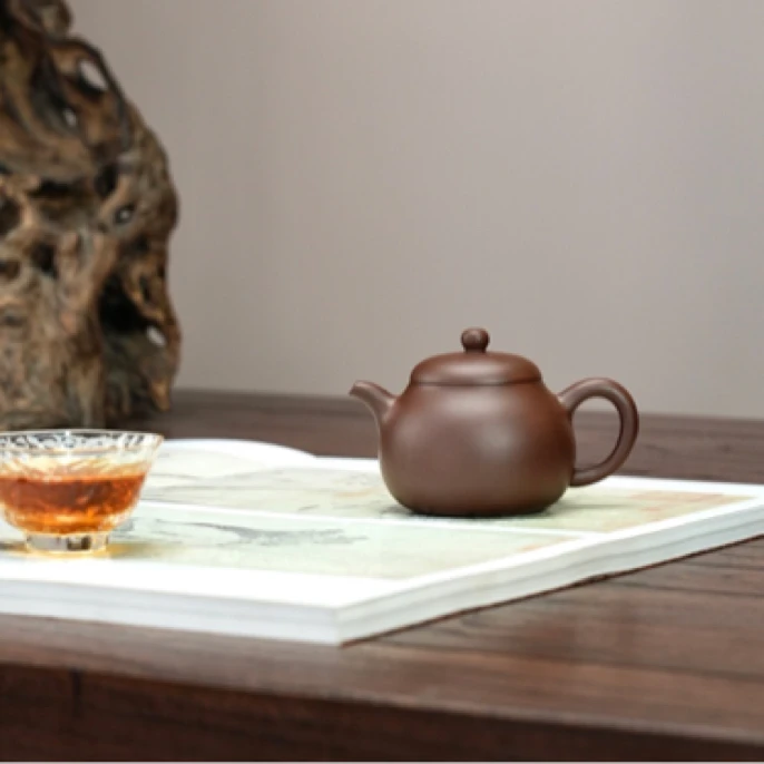 手印紫砂原矿革紫泥水平壶高梨壶180cc全手工制作收藏器紫砂壶