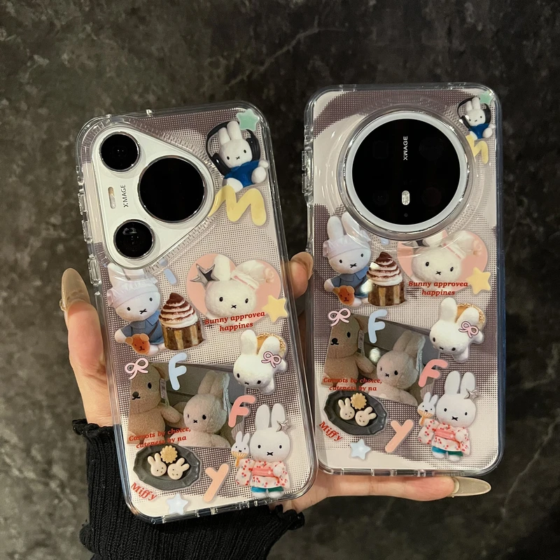 适用华为mate70pro+手机壳韩风可爱灰色像素玩偶米菲兔Pura70pro