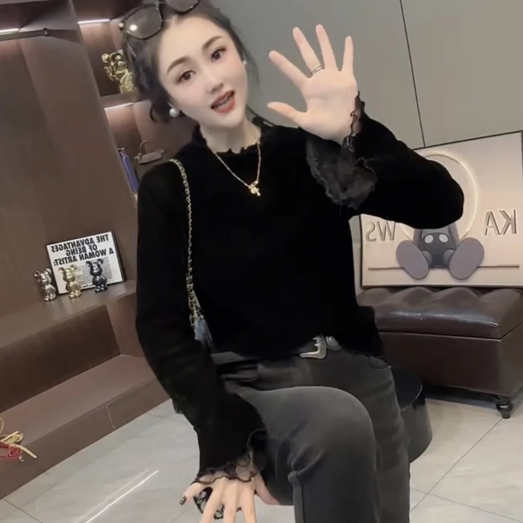 欧洲站2025秋季新款拼接蕾丝边丝绒t恤女时尚洋气修身长袖上衣潮