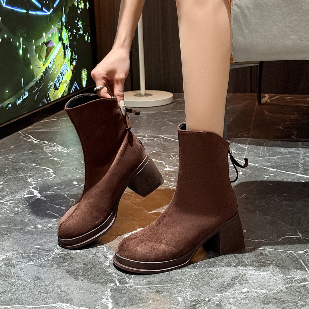 6公分跟2025秋冬季韩版百搭时尚复古气质绒面及裸靴切尔西马丁靴